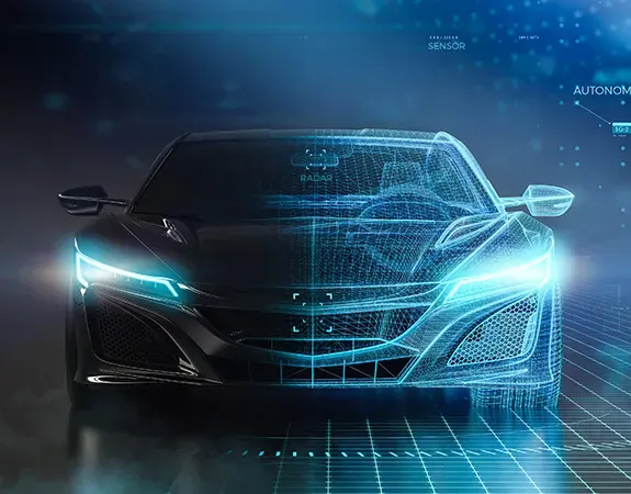 Digital concept car with headlights on